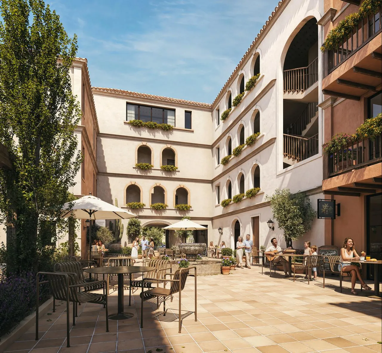 Patio comercial de Algaria con mesas al aire libre